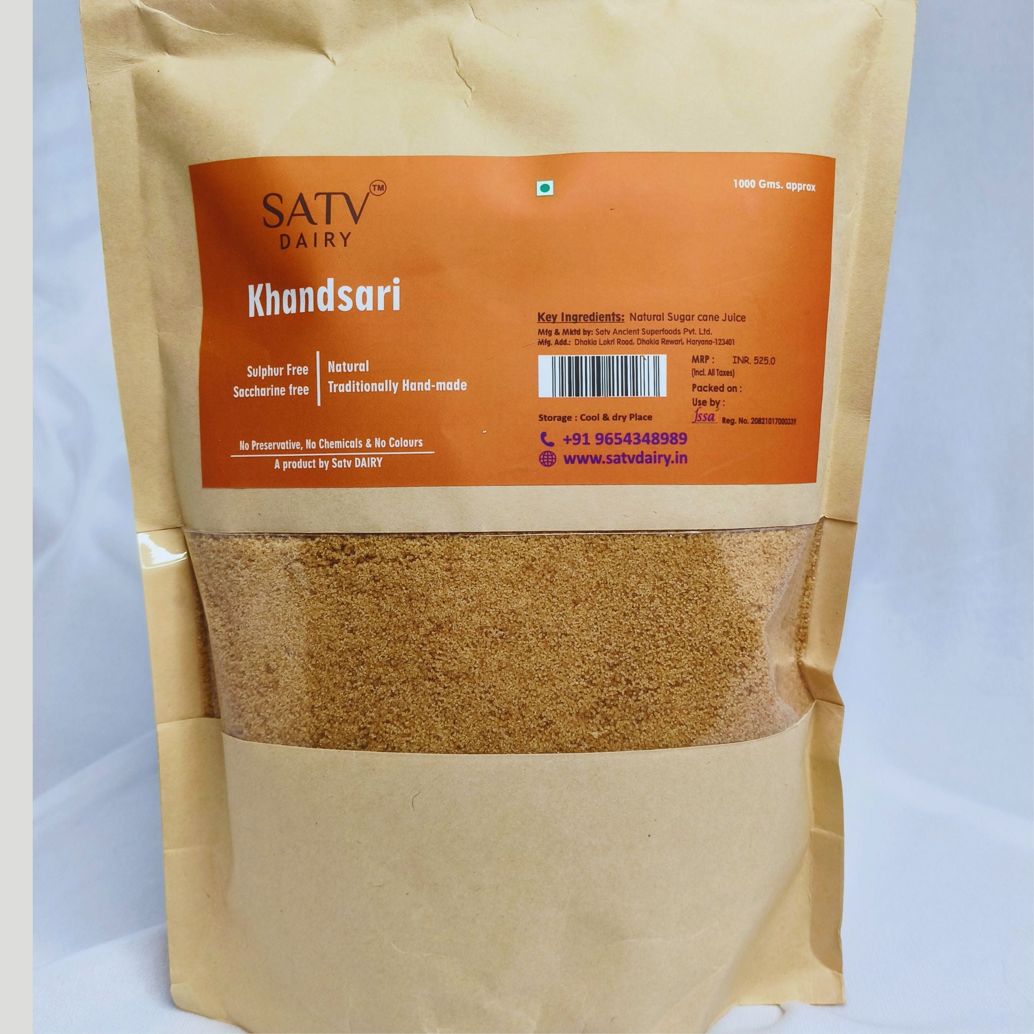 SATV Dairy Khandsari product in a brown packaging with an orange label on a light blue background