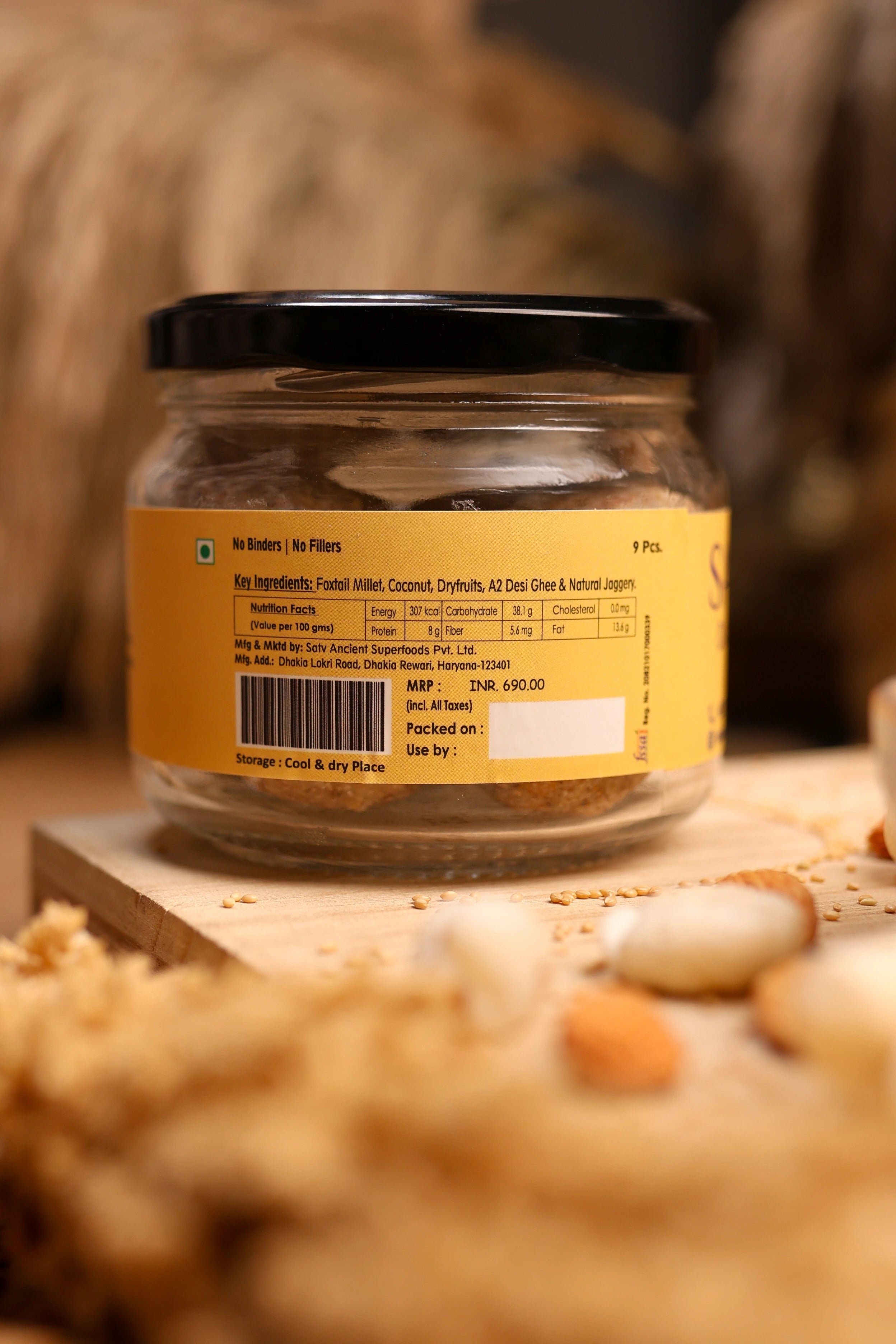 Satv Dairy Foxtail Laddu served on a rustic plate