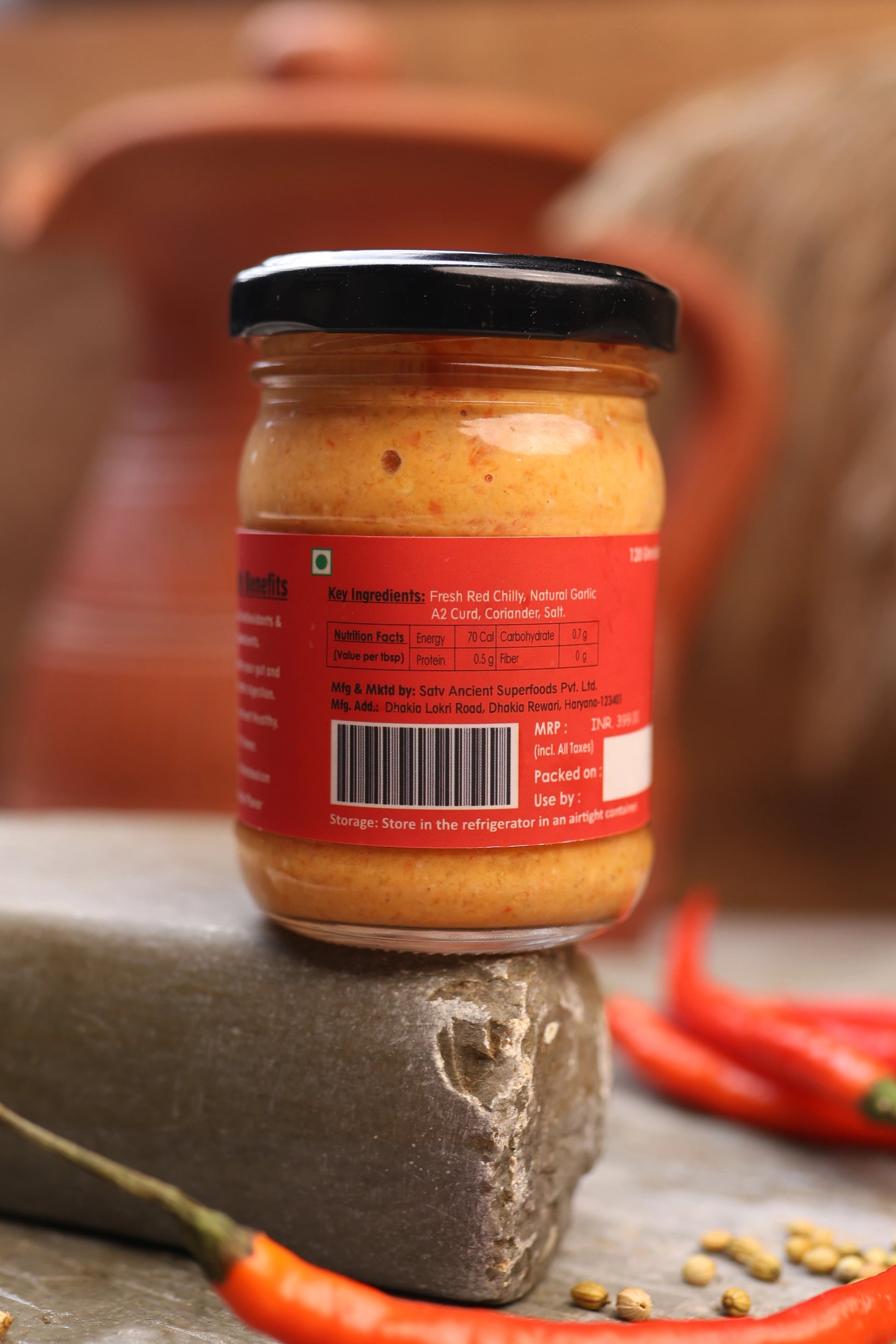 Traditional Lal Mirch Lehsun Chutney in glass jar