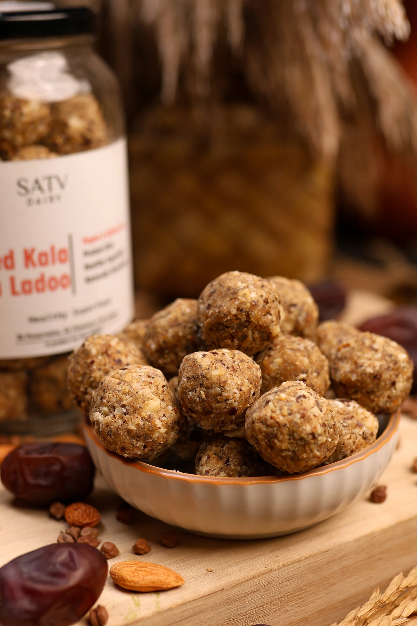 Close-up of gluten-free vegan kala chana laddu with dry fruits