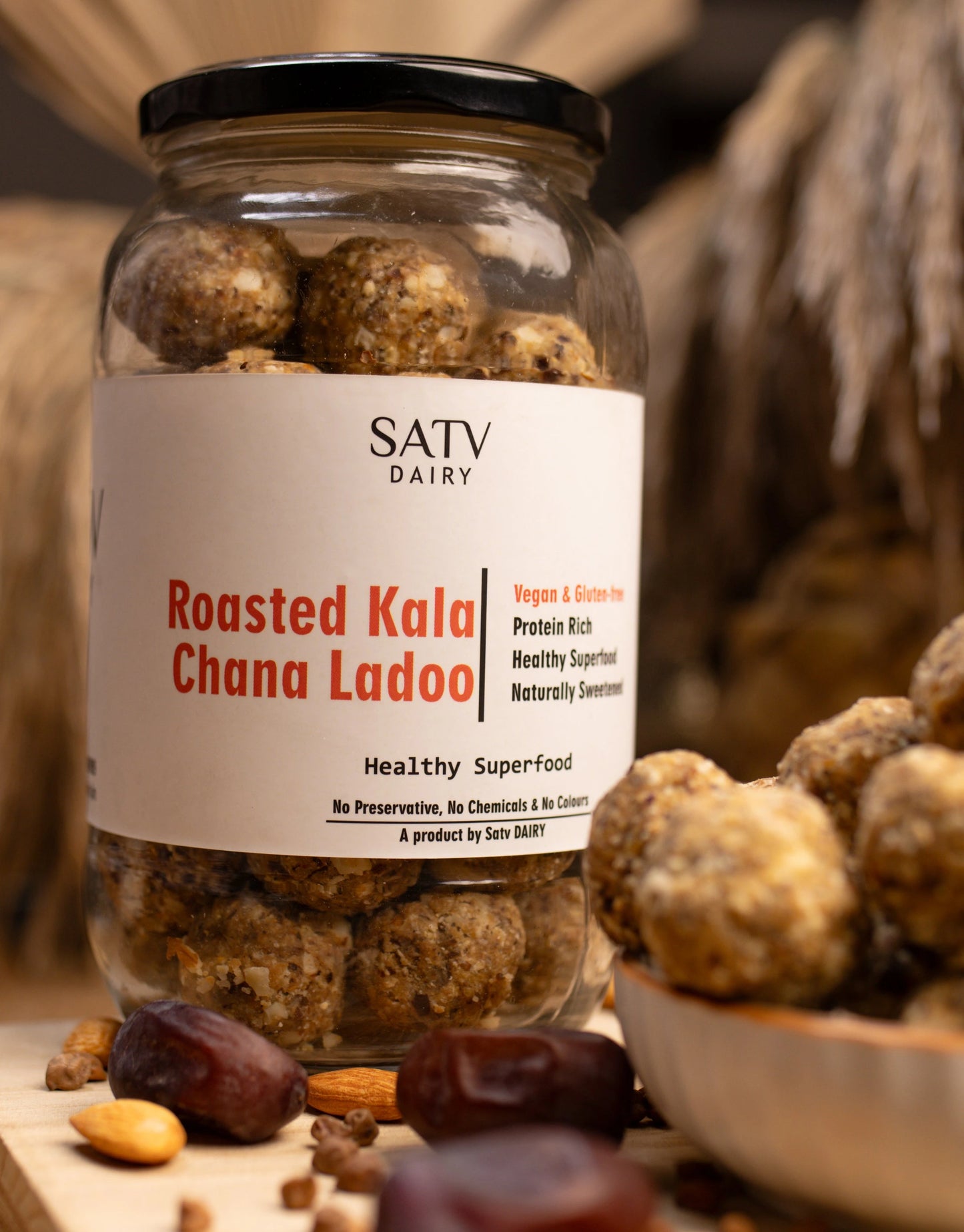 Roasted Kala Chana Laddu in eco-friendly packaging by Satv Dairy