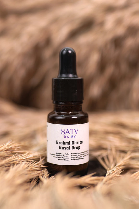 Sâtv Dairy Brahmi Ghrita Nasal Drop bottle with dropper, showcasing its Ayurvedic formulation for brain health and sleep.