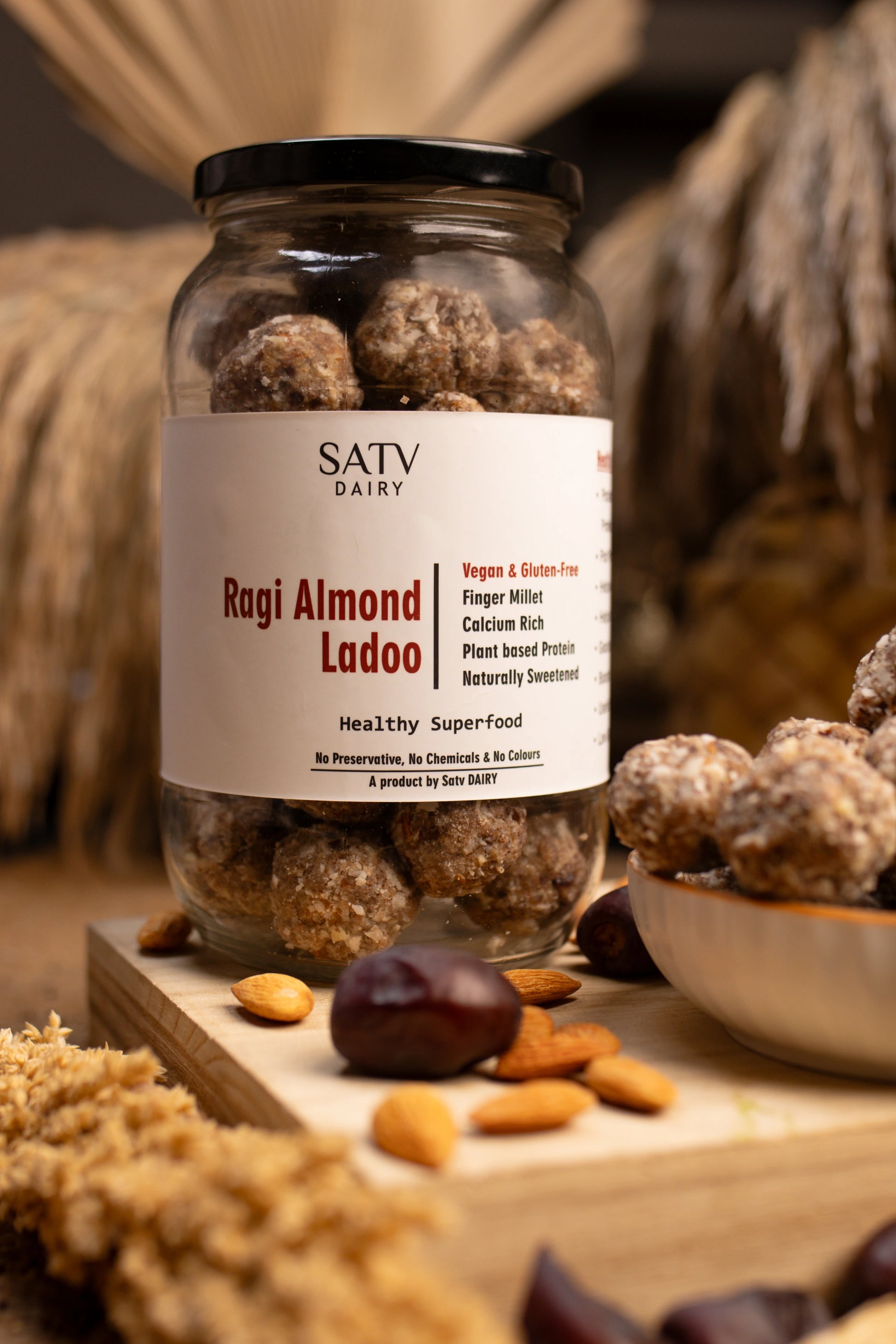 Close-up of Satv Dairy’s Ragi Almond Laddu – vegan and gluten-free