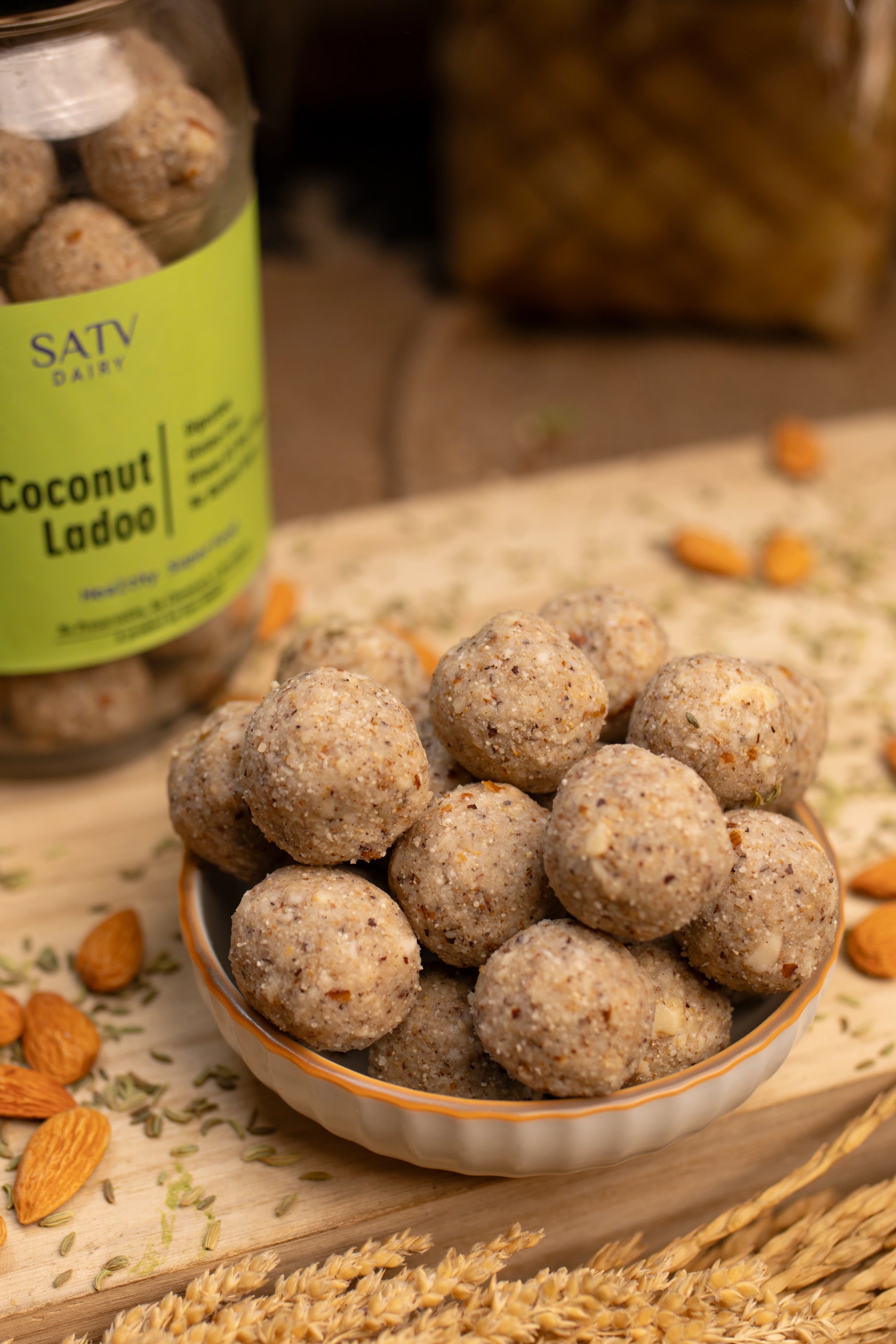 Close-up of coconut jaggery laddu with dry fruits