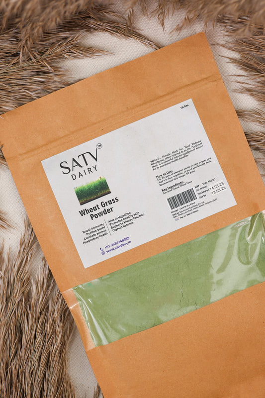 Satv Dairy’s pure wheatgrass powder in eco-packaging